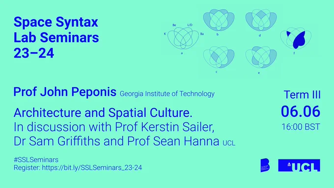 Seminar flyer, showing the name of the presenter (John Peponis), the title (Architecture and Spatial Culture. In discussion with Prof Kerstin Sailer, Dr Sam Griffiths and Prof Sean Hanna), date and time (06.06 at 16:00 BST).