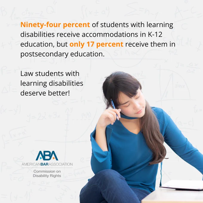 Against an off-white background with faint blue marks of math work, text reads, "Ninety-four percent of students with learning disabilities receive accommodations in K-12 education, but only 17 percent receive them in postsecondary education. Law students with learning disabilities deserve better!" In the bottom left is the ABA Commission on Disability Rights' logo; to the right is a photograph of a person with long brown hair and a blue long-sleeved shirt concentrating on their notebook.