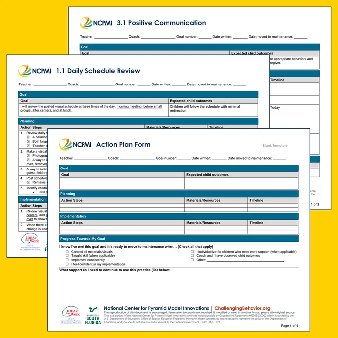 Thumbnails of 1.1 Daily Schedule Review and 3.1 Positive Communication, and blank Action Plan Form samples from the Guided Action Plan bundle. 