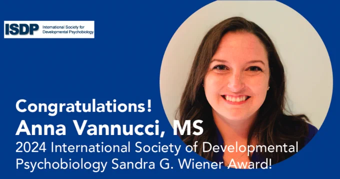 Photo of Anna Vannucci framed in a circle on a royal blue background.
The ISDP logo in the top left corner reads: ISDP International Society for Developmental Psychobiology. 
Text reads: Congratulations! Anna Vannucci, MS. 2024 International Society of Developmental Psychobiology Sandra G. Wiener Award! 