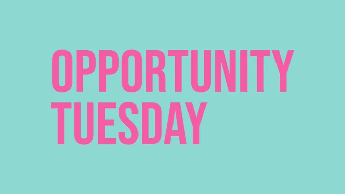The words 'Opportunity Tuesday' in big pink letters, on a turquoise background
