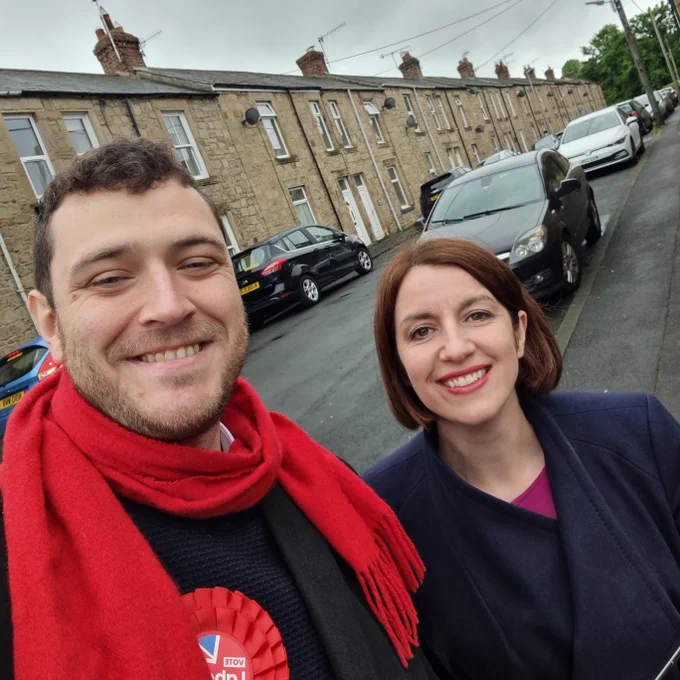 Bridget Phillipson and Joe Morris on a street in Hexham