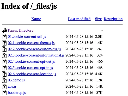 A CMS vendor's index of JavaScript files (and CSS, IMG, PDFs) in plain sight. The screen grab shows seven cookie consent files, a demo.js file, AOS animation library, and Bootstrap. Basic website security be damned.