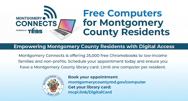 Image promoting the "Montgomery Connects" program, which offers free computers to Montgomery County residents. The image details how to get a library card and book an appointment to receive a Chromebook