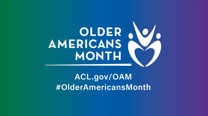 Tricolor background with text that reads Older Americans Month, ACL.gov/OAM #OlderAmericansMonth