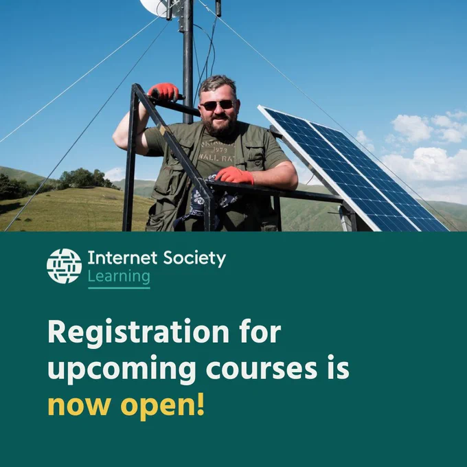 A man stands next to a solar panel and looks at the camera. Text reads that registration for upcoming courses is now open. 