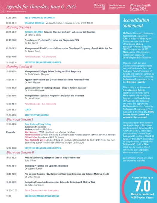 13:30–14:30 	Case Study and Story Telling 
		Vulnerable Populations
		Moderator: Melissa McCallum
Panelists:		Mary Vaccaro, YWCA Hamilton’s reproductive care lead
		Amy Deschamps, Director of Housing & Gender-Based Violence Support Services at YWCA Hamilton
		Gillian Cullen, Founder and CEO, Birthmark 
		Amie Archibald-Varley, RN, BN, MScN-CP, Health Equity Consultant, Co-host “Gritty Nurse Podcast”
		Best-selling author “The Wisdom of Nurses” (Harper Collins 2024)
