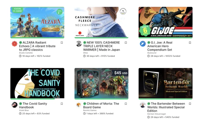 Screencap: six titles on the front page of Kickstarter's "Projects We Love" staff picks page. The titles include ALZARA Radiant Echoes | A vibrant tribute to JRPG classics, NEW 100% CASHMERE TRIPLE LAYER NECK WARMER | Made in Japan, G.I. Joe: A Real American Hero Compendium Set, The Covid Sanity Handbook, Children of Morta: The Board Game, and The Bartender Between Worlds: Illustrated Special Edition.