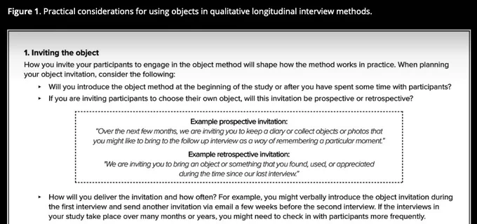 Screenshot of Figure 1. Practical considerations for using objects in qualitative longitudinal interview methods. 