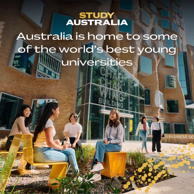 Students having a conversation at UTS campus with text overlay reading 'Australia is home to some of the world's best young universities'. 