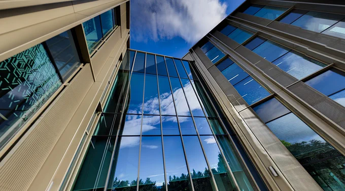 Photograph of the glass panelling at the front of the Nucleus Building.