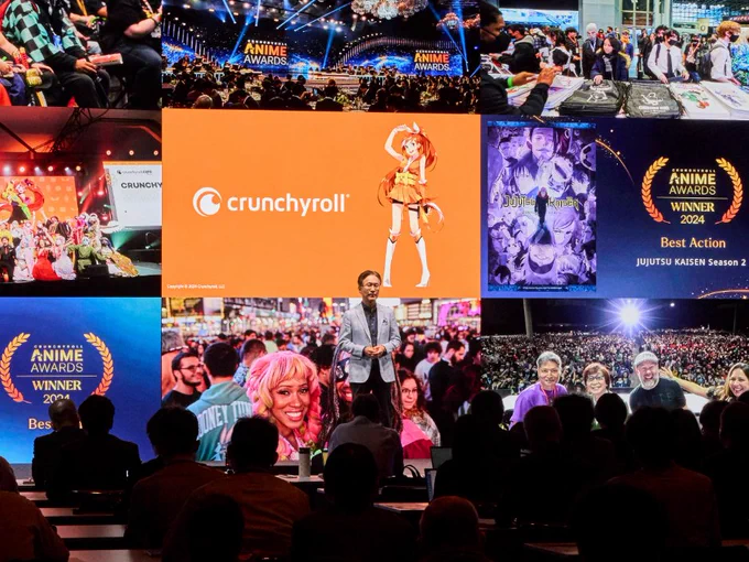 Sony Chairman and CEO Kenichiro Yoshida pictured on stage giving a presentation to participants with iconic Crunchyroll anime visuals in the background. 