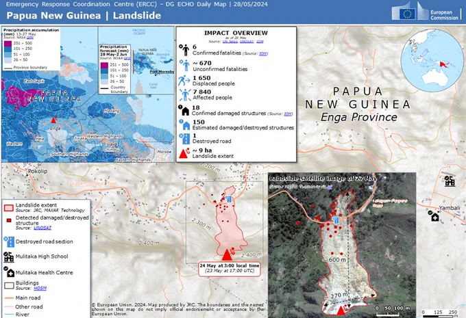 A map showing the areas affected by the landslide in Papua New Guinea. 