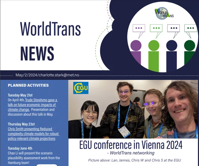 Front page of our newsletter May 2024. 
We attended EGU conference, and tell you about our latest work with FRIDA - our new #IAM. 