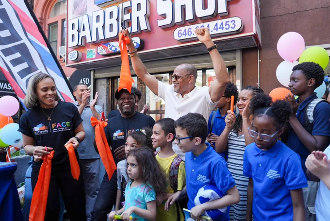 Chancellor Banks joins a NYC Reading Hub Ribbon Cutting at Nuevo Concepto Barber Shop on Harlem with public school students.