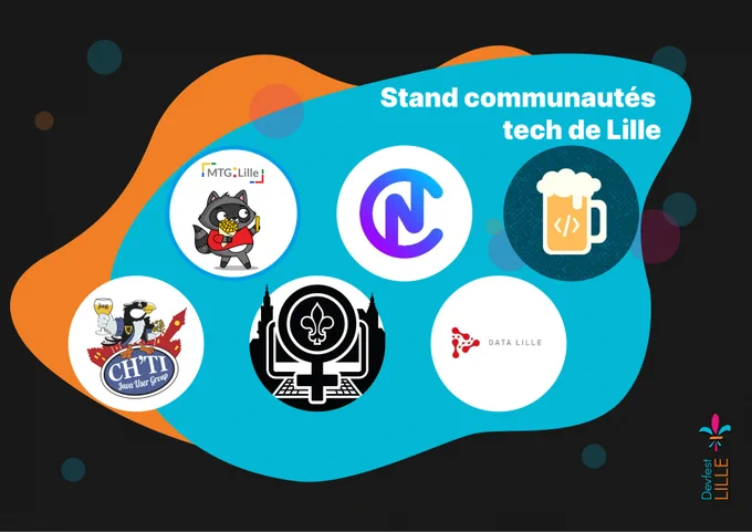 Visuel avec les logos des différentes communautés tech de Lille qui participent au Devfest : MTG Lille, Cloud Nord, Frontend & Beers, Ch'ti JUG, Ch’tite dev et Data Lille