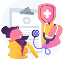 Illustration of a woman using a laptop in front of a medical chart. 