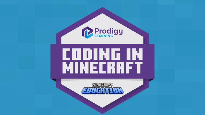 A blue background with a badge that reads "Prodigy learning, Coding in Minecraft and the Minecraft Education logo"