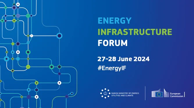 A blue background featuring visual elements from the Energy Infrastructure Forum visual identity. Over the background, it reads: "Energy Infrastructure Forum. 27-28 June 2024."