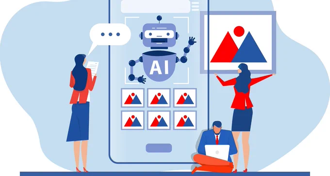 AI steht im Zentrum des Tags der Wissenschaftler*innen an der UMR, 4. Juni. Im Bild stilisierter AI-Roboter, Diagramme und kommunizierende Menschen.