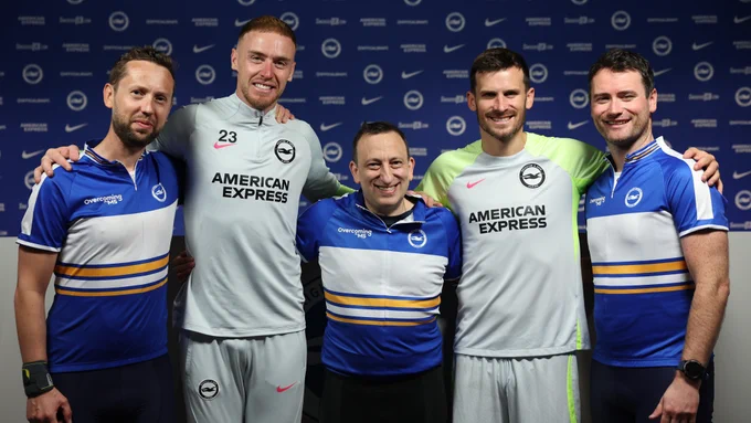 From left to right, Jonny, Jason Steele, Tony Bloom, Pascal Gross and Stuart pose together for a photo.