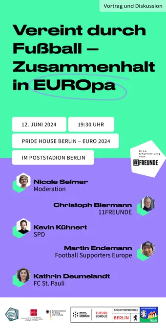 Veranstaltungsflyer für das Event "Vereint durch Fußball - Zusammenhalt in EUROpa" mit Vortrag und Diskussion) am 12. Juni 2024 um 19.30 Uhr im Pride House Berlin - EURO 2024