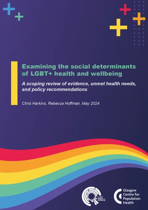 Front cover of 'Examining the social determinants of LGBT  health and wellbeing: A scoping review of evidence, unmet health needs, and policy recommendations' with dark blue background, rainbow, GCPH and LGBT Health and Wellbeing logos.