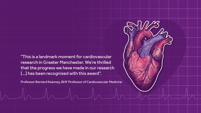 A purple background featuring a quote on the left from Prof Bernard in white. A graphic of a human heart is on the right.