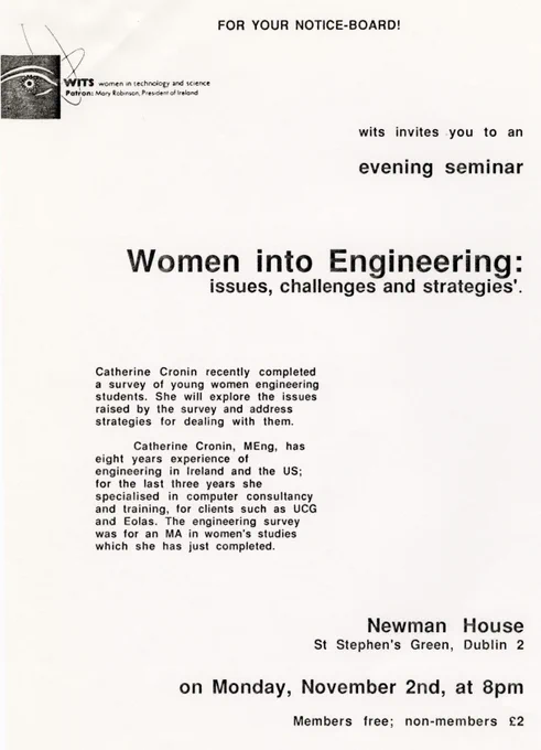 A notice for a seminar titled 'Women into Engineering: issues, challenges and strategies' run by WITS. (Mary Mulvhill Collection, DCU Special Collections & Archives). 