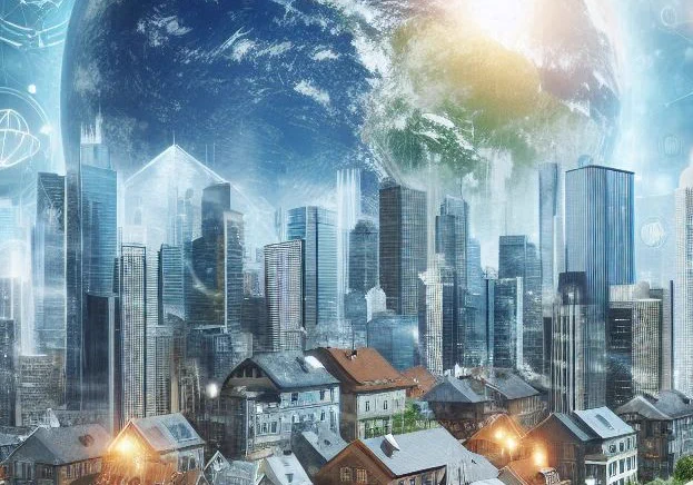 AI-generated visual of city buildings (including both houses and skyscrapers) with a background of the planet earth and some graphics of what AI hallucinates/thinks is technology.