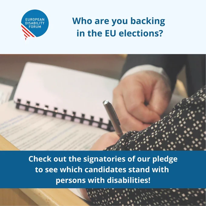 Banner asking "who are you backing in the EU Elections and text saying "Check out the signatories of our pledge"