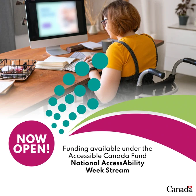 Now open! Funding available under the Accessible Canada Fund – National AccessAbility Week stream. A person sitting in a wheelchair typing on a computer.