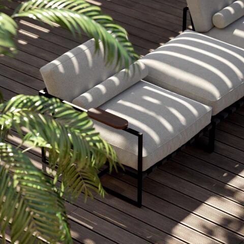 Sophisticated Badi modern outdoor sofa. Sleek design, comfort & quality. Seamless indoor-outdoor flow. Statement piece for your patio. Waterproof cover available. 