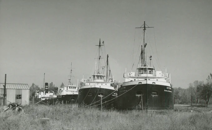 Black-and-white photo of three ships navigating the Welland Canal with tall grasses in the foreground.