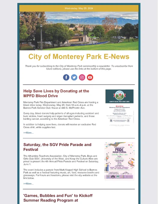 Panoramic photo of the Barnes Park Amphitheater with newsletter text and thumbnail images. 