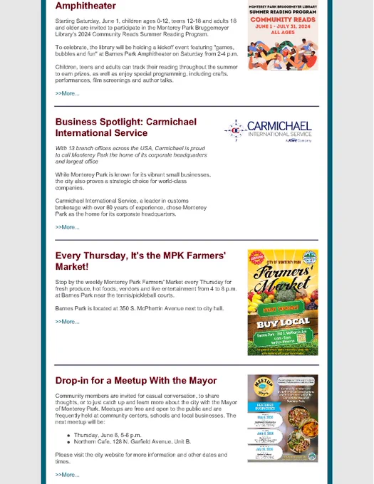 Newsletter text and thumbnail images. 