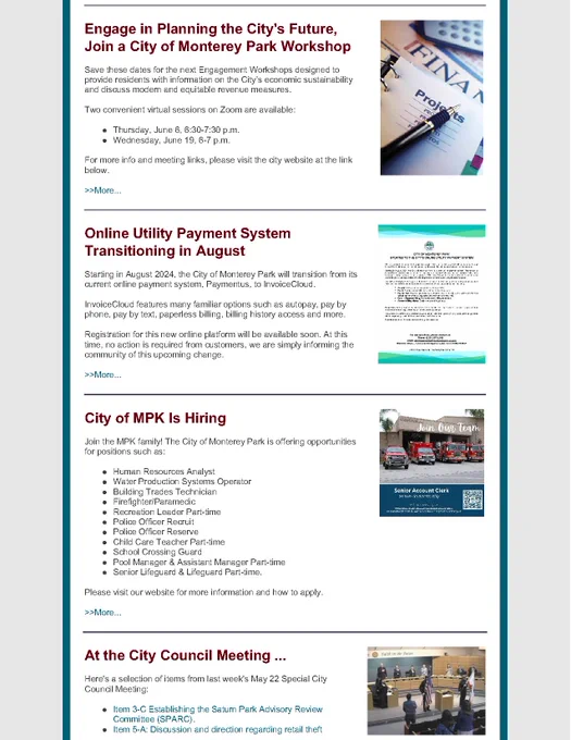 Newsletter text and thumbnail images. 