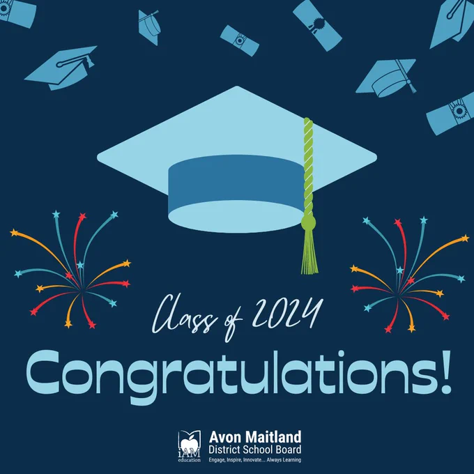 Image of graduate caps and fireworks going off in the air. Text: Class of 2024, Congratulations! AMDSB logo