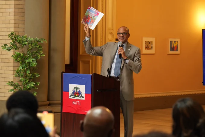 Chancellor Banks speaks at a Haitian Heritage Month event at Tweed.