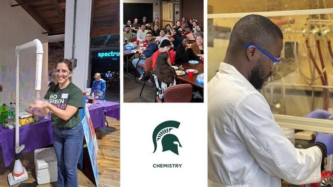  A collage of photos: a graduate at a community science outreach event; a group of graduate students at a social gathering;  a graduate student performing lab procedures. In the center is a green Spartan helmet with the word "Chemistry" beneath.