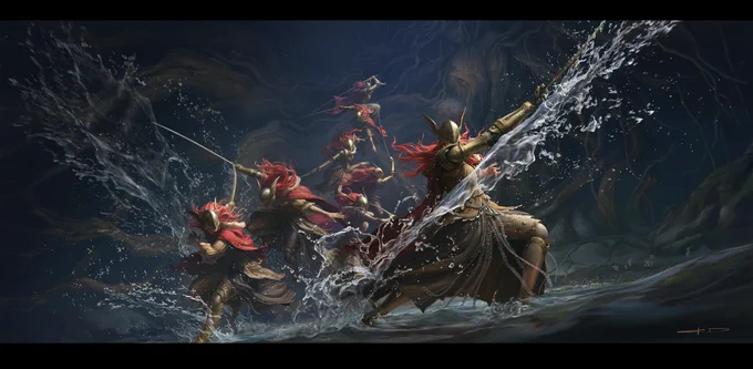 Waterfowl dance

EN:
Crimson silk gleam, stirring water with gold so strong,
Beating wings, embracing winds' sweet song.
Pledging to be the king's sword, forever among,
Clear notes coax waves to heaven along.
JP:
赤い髪が水に映り金の飾りに変わり、
翼を打ち鳴らし遠くの羽が八方の風を撫でる、
誓って君王の庭の剣となり、
澄んだ音が波を砕き天高く舞い上がる
CH:
赤髮映水轉金鈿，
鼓翼遙翮撫八風。
誓為君王苑中劍，
清音摧波騰九空。