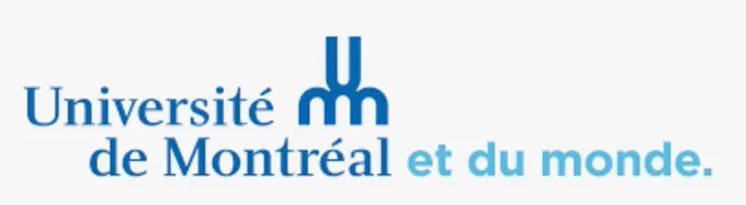 Le texte en bleu foncé indique « Université de Montréal » sur le côté gauche de l'image et le texte en bleu clair en bas à droite indique « et du monde ». Un symbole bleu apparaît au milieu de l'image qui semble être une grande lettre « U » au-dessus d'une lettre minuscule « m ».