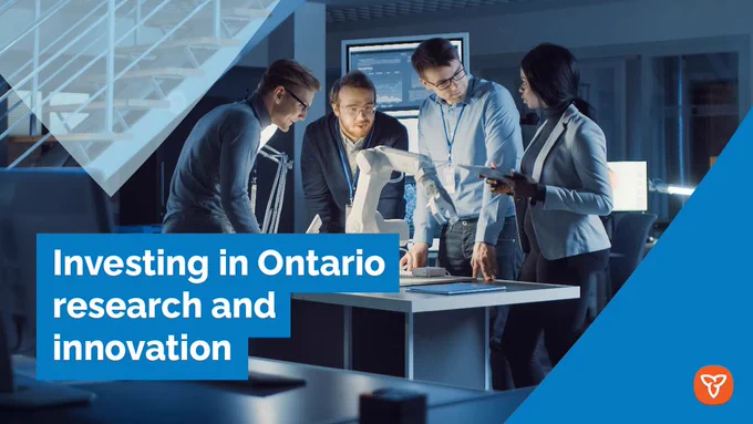 Investing in Ontario research and innovation. Four people stand around a table collaborating. One of the people holds a tablet. The Ontario trillium logo.
