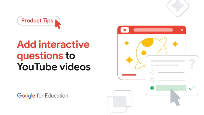 Product Tips visual that says “Add interactive questions to YouTube videos” with a UI of a computer mouse clicking on a question within a video 