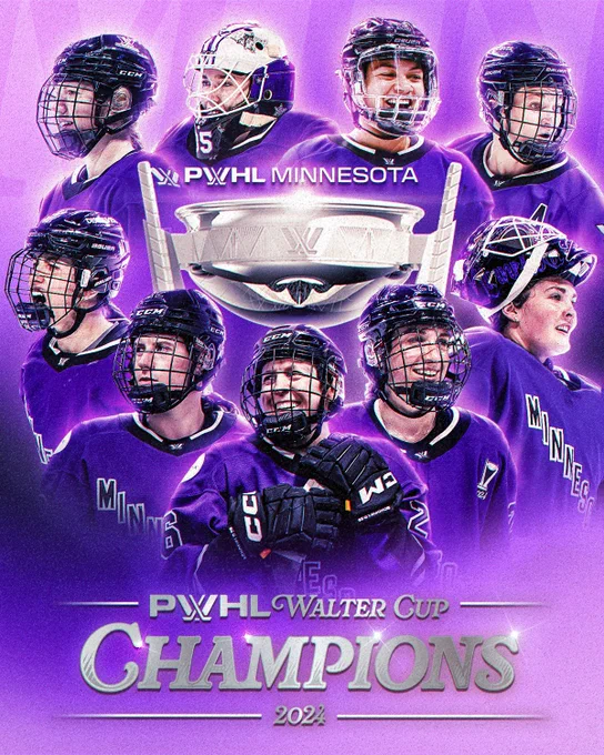 A graphic for the 2024 PWHL Walter Cup Champions, PWHL Minnesota, on a purple background with “MIN” faded in the back.

There is a cutout of the Walter Cup in the middle, with cutouts of Grace Zumwinkle, Maddie Rooney, Sophie Jaques, Lee Stecklein, NAME, Kelly Pannek, Kendall Coyne Schofield, Taylor Heise and Nicole Hensley around it.