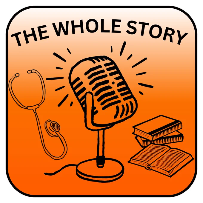 Old style Microphone, Stethoscope and pile of books under the title of the podcast The Whole Story