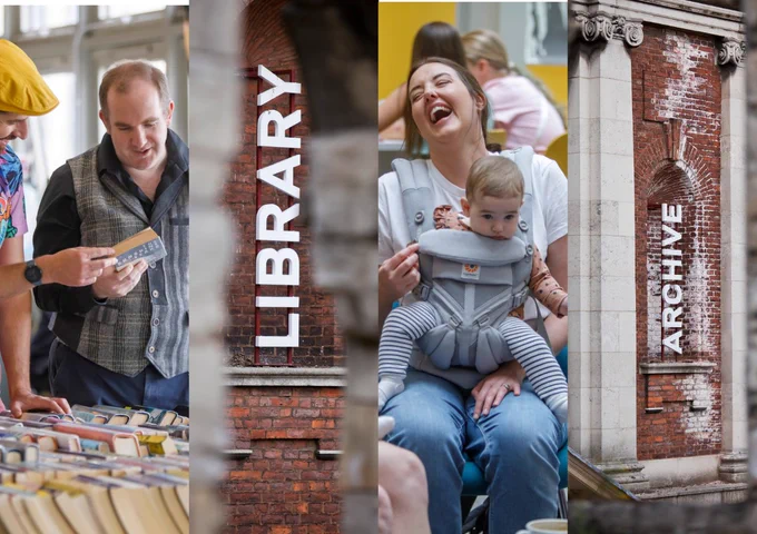 A composite image of photographs of our Library and Archives signs, a photograph of men talking about books, and a photograph of a lady laughing with a child in a carrier.