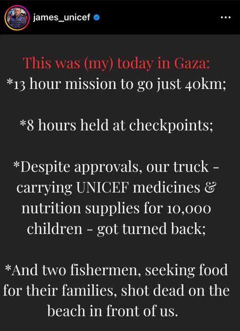 This was (my) today in Gaza: 
-13 hour mission to go just 40 km
-8 hours held at checkpoints
-despite approvals, our truck, carrying unicef medicines and nutrition supplies for 10,00 children got turned back
-and two fisherman, seeking food for their families, shot dead on the beach in front of us