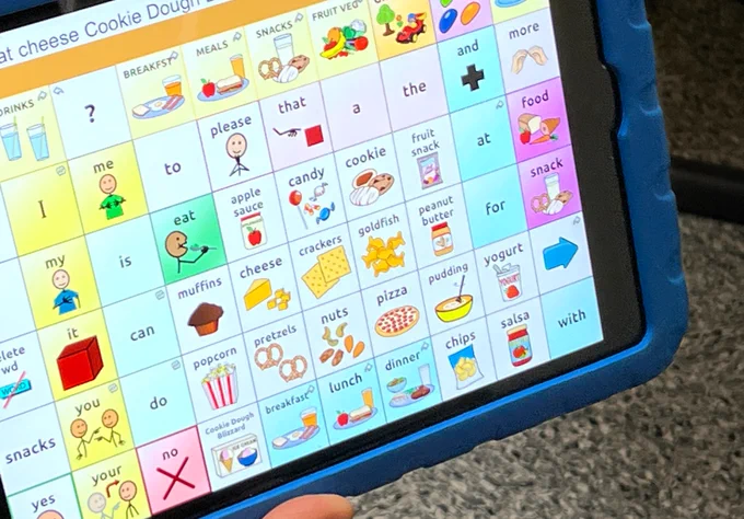 A TouchChat communication screen with food/meal options.  A Cooking Dough Blizzard button is visible on bottom row.