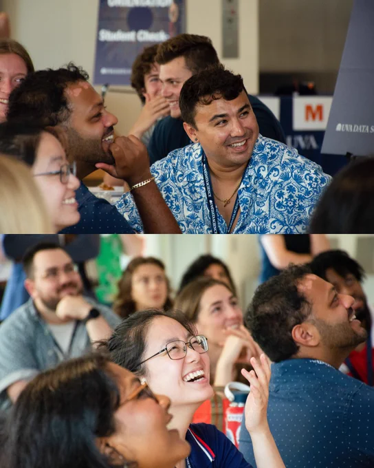 Split image of MSDS students smiling and laughing at a video playing on the large media wall.